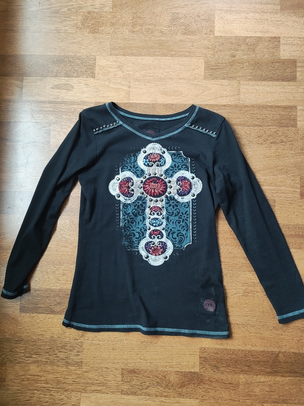 Double D Ranch Shirt Womens Small Black Embroidered Cross Studded Western Top